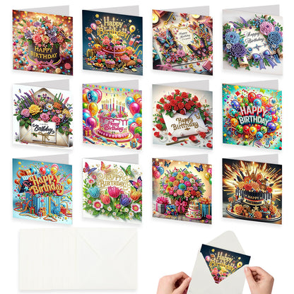 KJMYYXGS 12 Pcs Birthday Diamond Painting Art Greeting Cards Cake Rose Square Drill Greeting Cards Diamond Painting Kits for Adults DIY (Birthday)