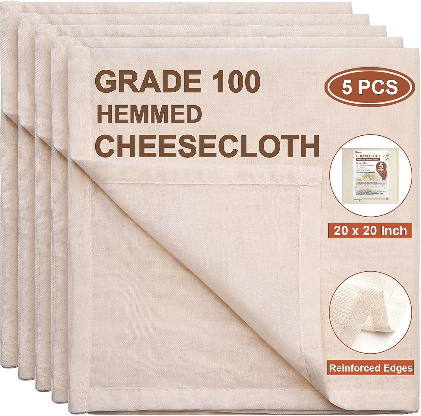 Cheese Cloths, 5 PCS Precut 20x20 Inch, Grade 100 Hemmed for Straining Cooking, Reusable Cotton