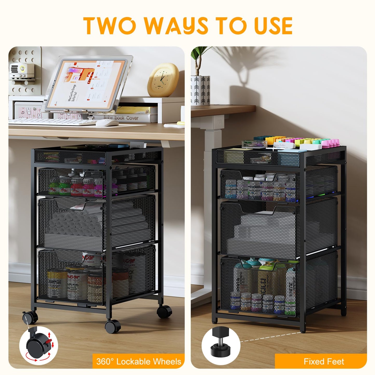 Rolling Utility Cart with 3 Drawers, Craft Organizer and Storage with DIY Divider, Lockable Wheels, Multi-Functional Storage for Art Supplies, Store for Brushes & Paints & Small Parts(Patent Pending)