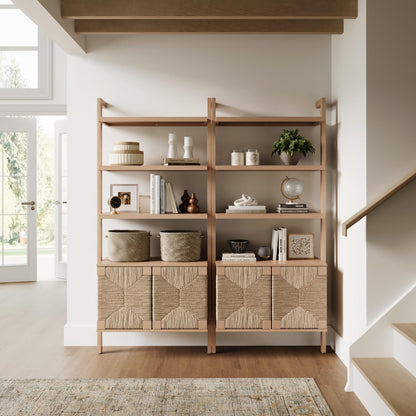 Nathan James Beacon 3-Shelf Bookcase with Seagrass Cabinet, Solid Wood Bookshelf with Storage with Solid Wood Frame, Seagrass/Raw Oak Set of 2