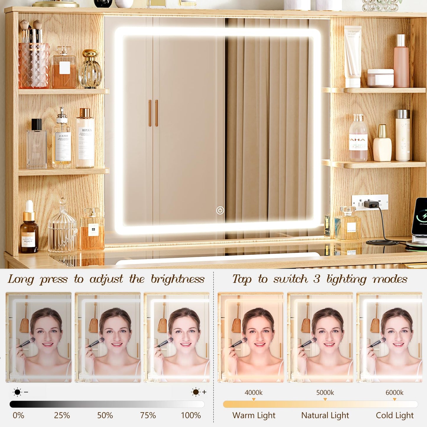 Vanity Desk with Large 27.2" Mirror and Lights 47.2" Fluted Makeup, 5 Drawer Vanity with Power Strip, 4 Open Shelves, 2 Cabinet, Modern Bedroom Vanity Featuring Visual Transparent Glass. Wood