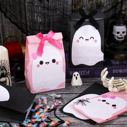 JarThenaAMCS 24Pcs Halloween Party Favor Bags Little Boo Ghost Paper Gift Bags with Black Pink Ribbon Bows Candy Goodie Treat Bag for Birthday Baby Shower Party Supplies