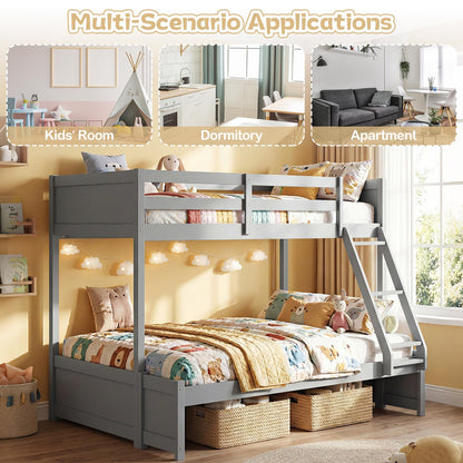 Giantex Twin Over Fulll Bunk Bed, Wood Bunk Bed with Full-Length Guardrails, Ladder, Under-Bed Storage Space for Dormitory, Bedroom, Apartment, Two Bed Frame with Slats for Teens, Kids, Adults, Grey