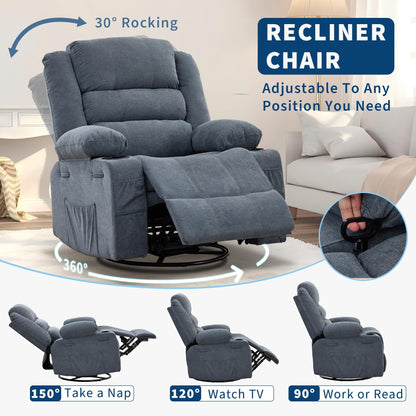 Rocking Recliner Chair for Adults Linen Wide Upholstered Glider Recliner with Cup Holder Deep Seat Single Sofa Rocker Chair for Nursery Living Room