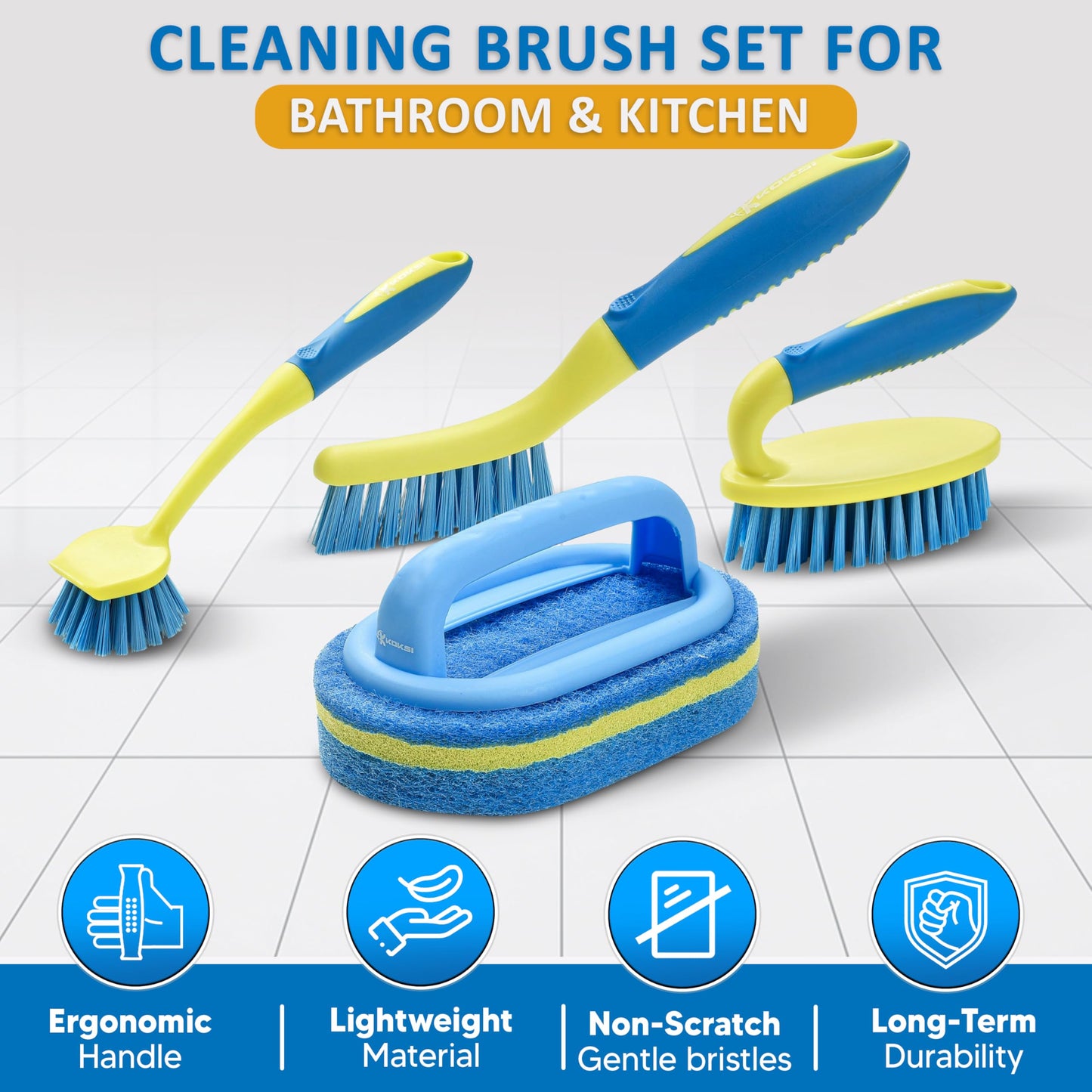 Scrub Brush Set for Bathroom Kitchen Bathtub Toilet Deep Cleaning Brush Tools All Purpose Cleaner Sponge Scrubbing Brushes with Ergonomic Handle, 4-Piece