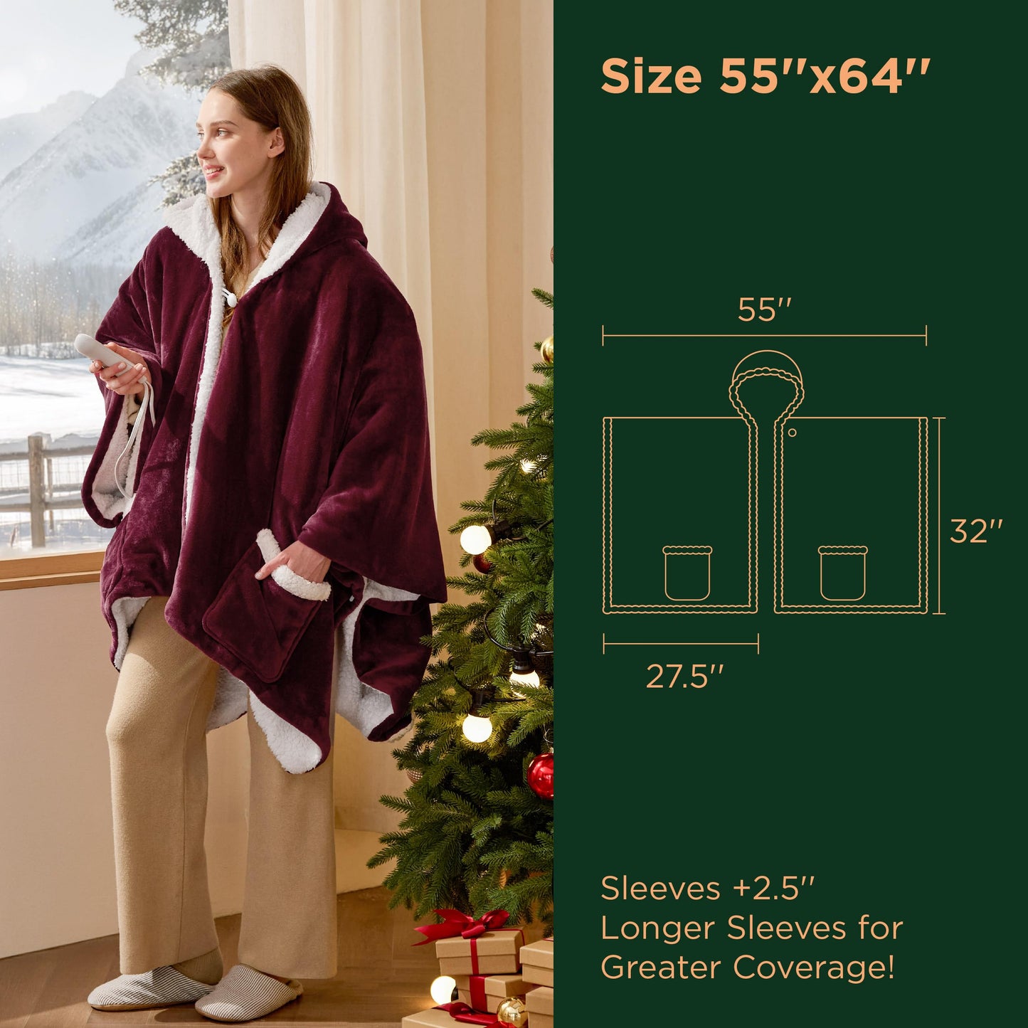 Bedsure Heated Blanket Wearable Shawl - Electric Wrap Poncho Blanket Hoodie for Adult, Birthday Gifts for Mom Women, Sherpa Heating Throw with 4 Time Settings & 6 Heat Settings, 55x64 inches, Grey