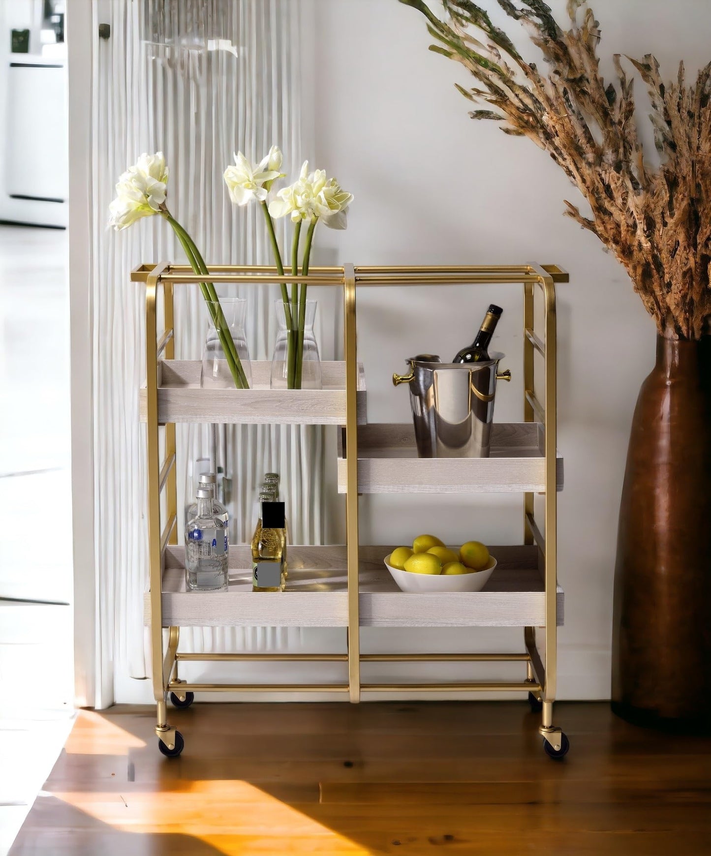 Gold & White Washed Finish Serving Cart