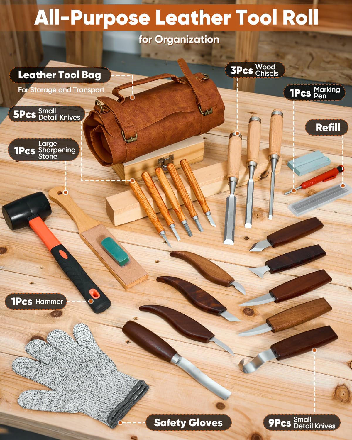 SakerNeo Deluxe Wood Carving Kit whittling kit, 25 Piece Wood Carving Tools with Thick Leather Storage Bag,wood carving set-Ideal Woodworking Tools and Hobbies for Beginners Enthusiasts Gift DIY