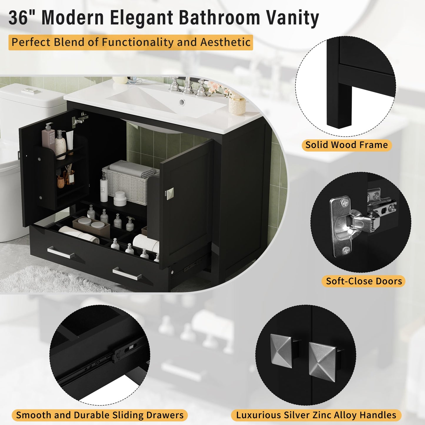 Favfurish 72" Double Bathroom Vanity with Ceramic Sink,Free Standing Single Basin Vanity Set w/Storage Shelves & Divided Drawer,Soft-Close Doors,Bathroom Storage Solution,Mirror Not Included,Black