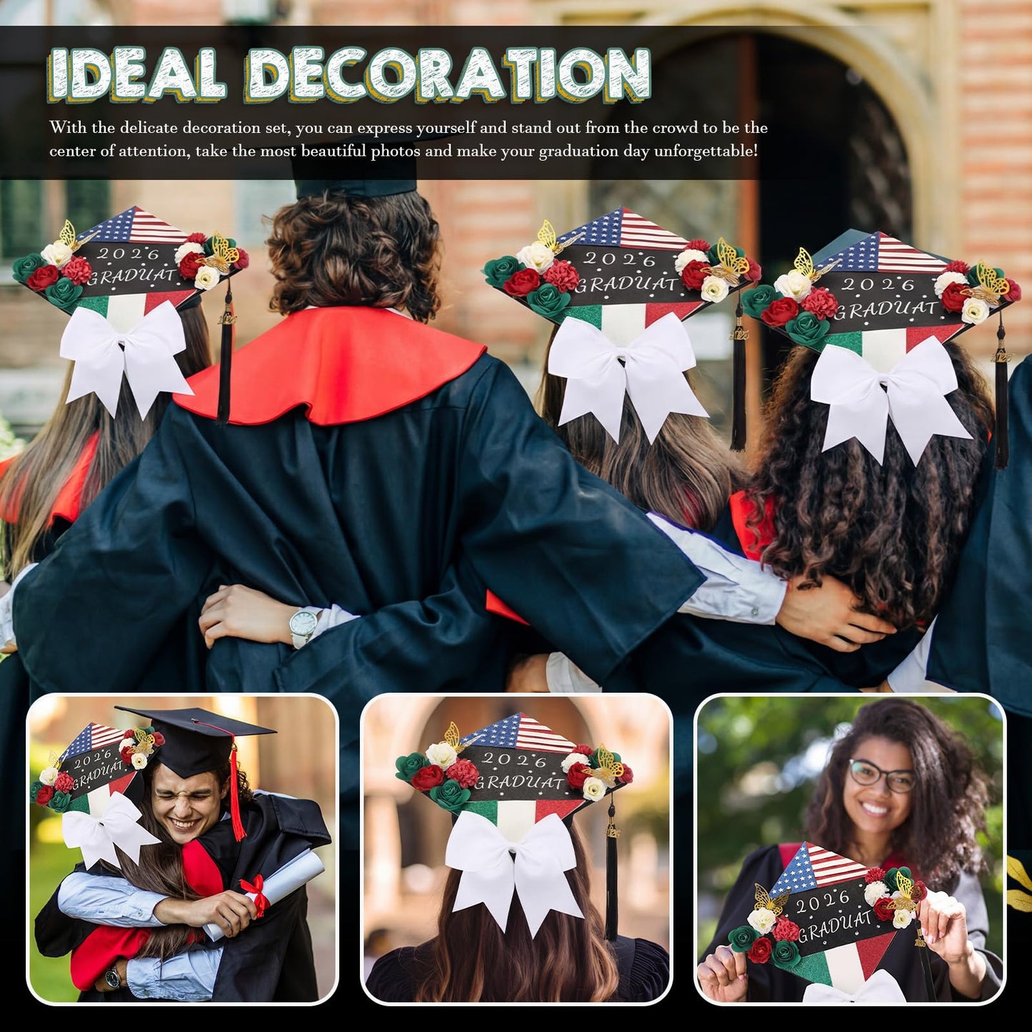 WinnerWhy 51Pcs DIY Mexican American Flag Graduation Cap Decorations 2026 Handmade Mexican American Grad Hat kit Included Faux Flower Heads Letter 3D Butterfly Stickers for Craft Graduation Cap Topper