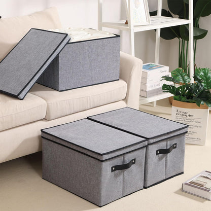 Fabric Storage Boxes, 15 x 9.8 x 8.3 Inch Bins with Lids, Medium Gray Decorative Linen Closet Organizers with Handles,