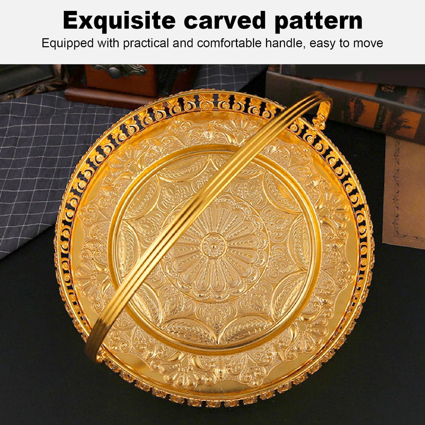 Retro Round Fruit Tray Exquisite Decorative Large Capacity Alloy Dessert Plate Golden Zinc Alloy Fruit Trays for Parties with Handle Decorative Serving Tray for Party Home Bar Cafe