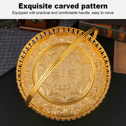 Retro Round Fruit Tray Exquisite Decorative Large Capacity Alloy Dessert Plate Golden Zinc Alloy Fruit Trays for Parties with Handle Decorative Serving Tray for Party Home Bar Cafe