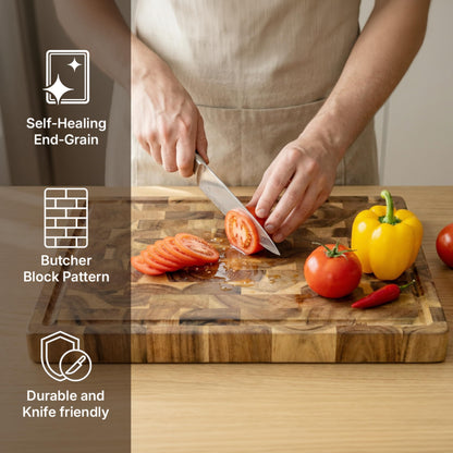Koppen Acacia Wood End Grain Cutting Board, Knife-Friendly Butcher Block with Juice Groove, Inner Handles & Food Well, Reversible Heavy-Duty Serving & Chopping Board, Gift Box Included, 17x13x1.5 in
