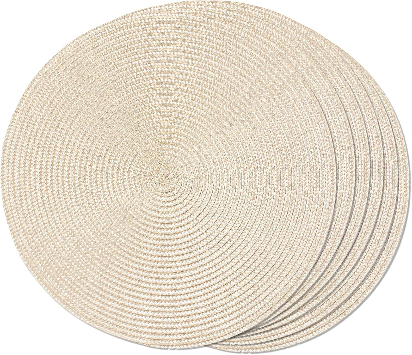 FunWheat Round Braided Placemats Set of 6, 15 inch Non-Slip Washable Table Mats for Dining Tables (Beige, 6pcs)