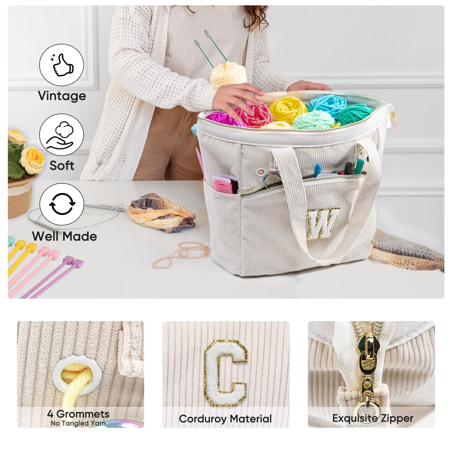 Initial Personalized Crochet Bag Tote - Corduroy Yarn Bag Storage - Yarn Holder for Crocheting - Crochet Organizer for Crochet Hooks, Crochet Accessories,Project Bag Knitting Bag Crochet Lover Gift
