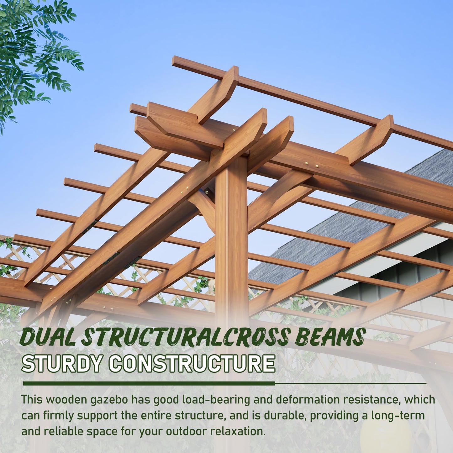 12 x 10 FT Outdoor Wood Pergola, Fir Wood Patio Pergola with Slatted Roof, Waterproof Garden Structure for Backyard, Deck, Patio and Lawn, Brown