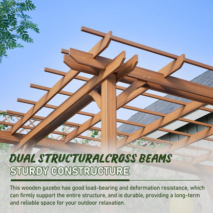 Outdoor Wooden Pergola, Fir Wood, 12x10 Ft, for Patio, Backyard, Garden, Lawn, Natural Brown