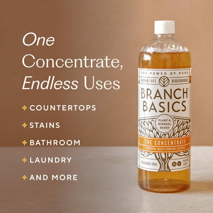 Branch Basics Cleaning Essentials Kit: All Purpose, Glass and Bathroom Cleaner - Concentrate (33.8 Oz) (17 Refills) + Refillable Plastic Spray Bottles (24 Oz) Plant Based, Human-Safe, & Fragrance Free
