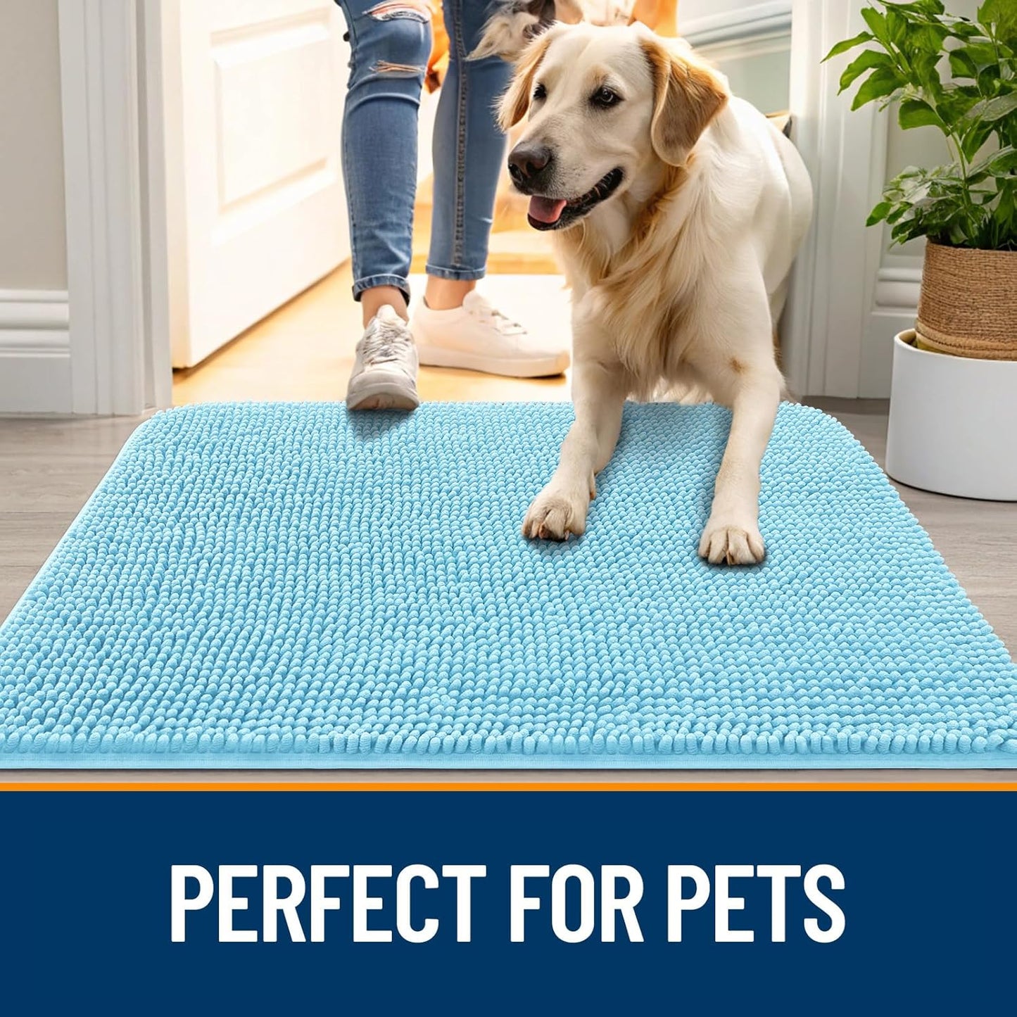 OLANLY Dog Door Mat - Absorbent Non-Slip Chenille Mat for Muddy Paws | 59x35 Inches, Quick Dry, Blue