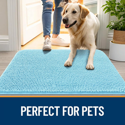 OLANLY Dog Door Mat - Absorbent Non-Slip Chenille Mat for Muddy Paws | 59x35 Inches, Quick Dry, Blue