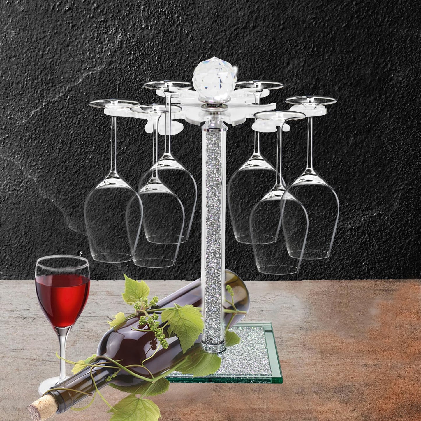 Crystal Wine Glass Holder, 14" H Silver Freestanding Wine Glass Rack Crushed Diamond Home Decor 6 Hook Countertop Stemware Rack Cup Drying Storage Holder Stand for Kitchen Dinning Table Bar (Silver)