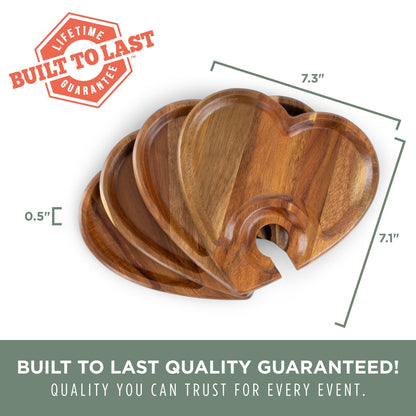 PICNIC TIME Heart Wine Appetizer Plates, Set of 4 Wooden Cocktail Plates with Glass Holder, Mini Charcuterie Boards for Wine and Cheese Parties, Acacia Cheese Board Serving Trays (Acacia Wood)