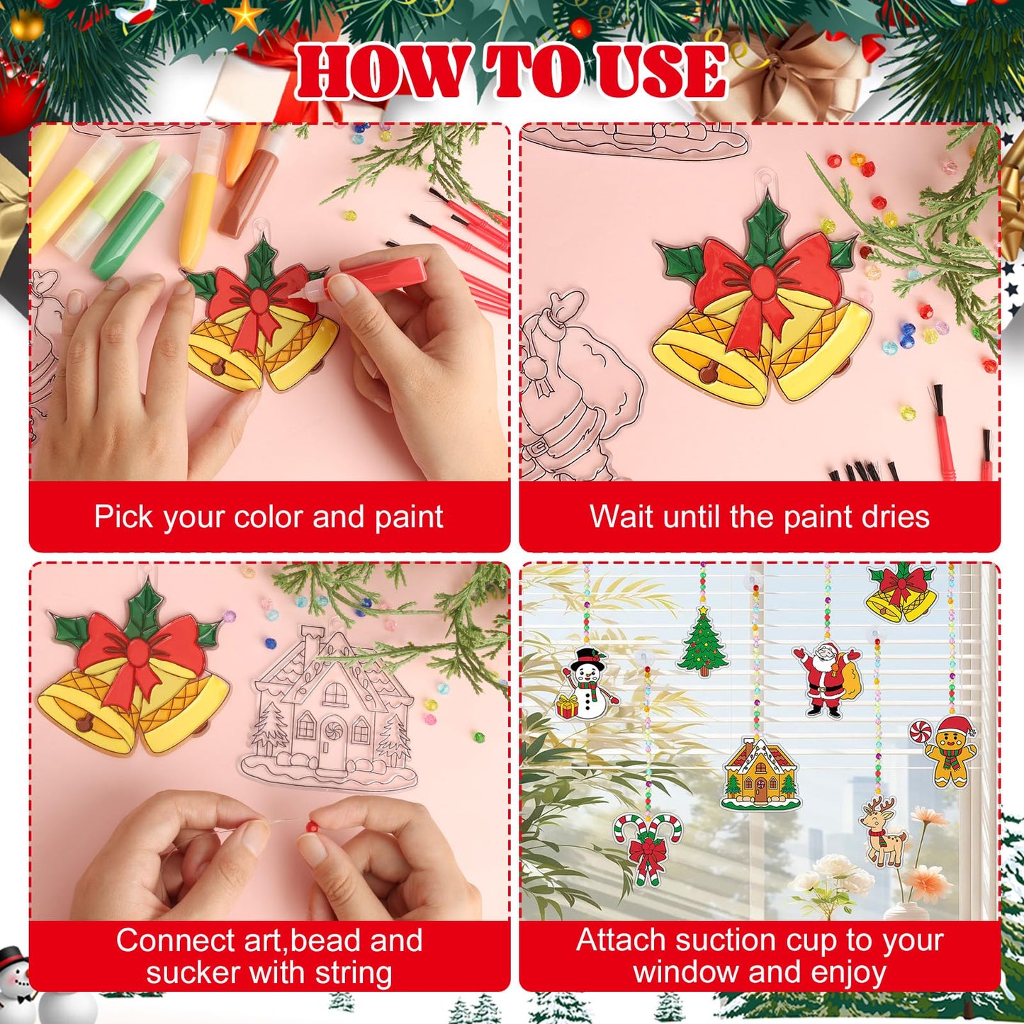 Nlicrst 32 Sets Christmas Suncatchers Ornaments Decorations DIY Window Paint Art Christmas Craft Kits DIY Santa Snowman Sun Catchers for Xmas Activities Art Project