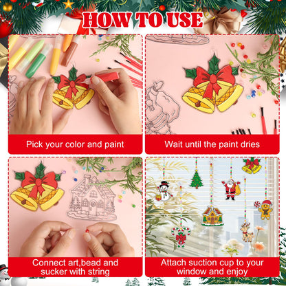 Nlicrst 32 Sets Christmas Suncatchers Ornaments Decorations DIY Window Paint Art Christmas Craft Kits DIY Santa Snowman Sun Catchers for Xmas Activities Art Project