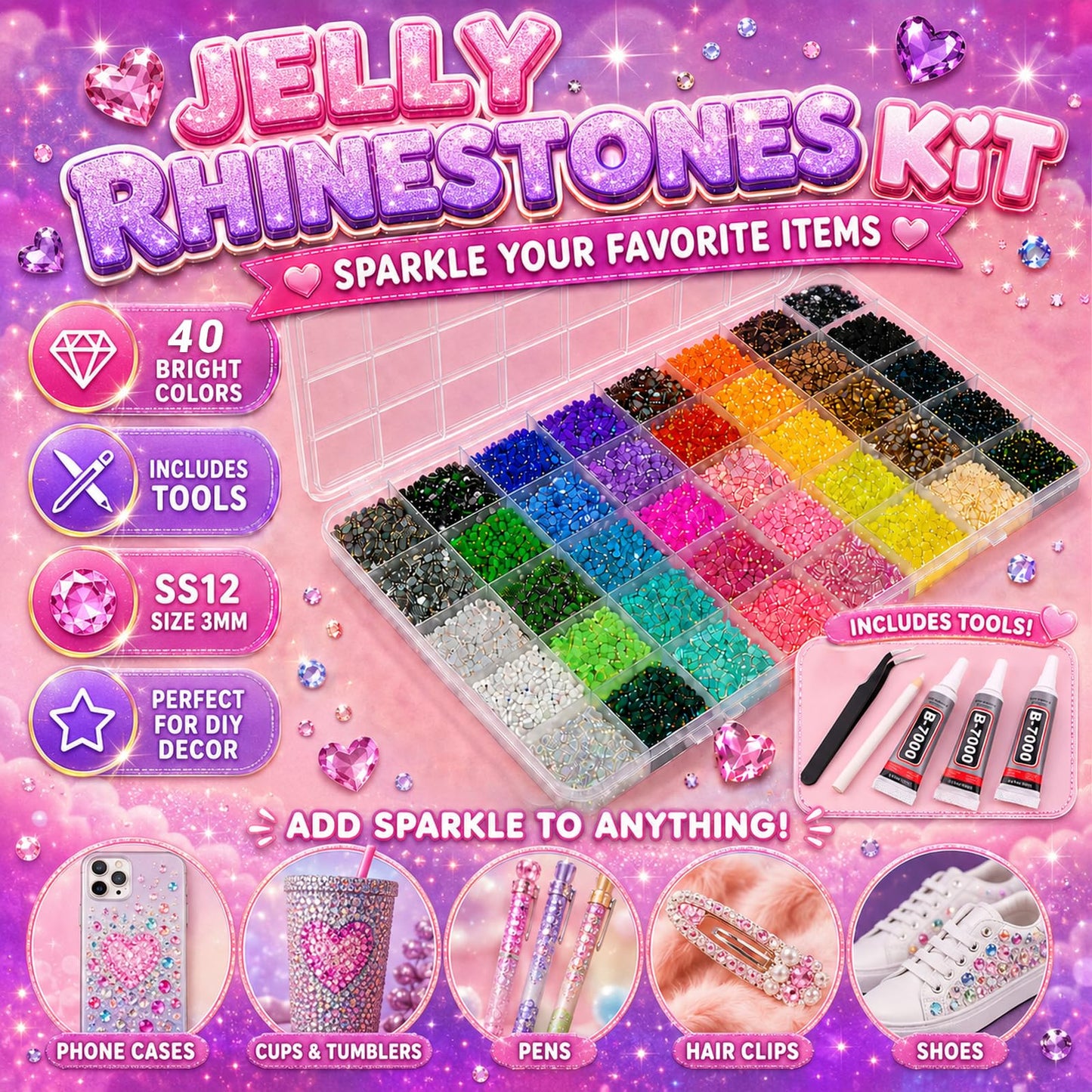 Resin Rhinestones 32000Pcs 40 Colors 3mm Flatback Gems, Bedazzling Kit with B7000 Glue, Jelly Rainbow Crystals for Nail Art, Crafting, Book, Clothes, Shoes, Diamond Art