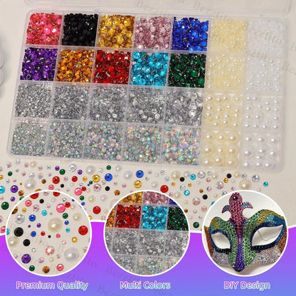 14000Pcs Colorful Flatback Rhinestones and Pearls for Bedazzling Kit, 2-6mm Resin Gems Bedazzling Rhinestone, 4-10mm Flatback Pearls Gems Rhinestones for Crafting DIY Face Makeup