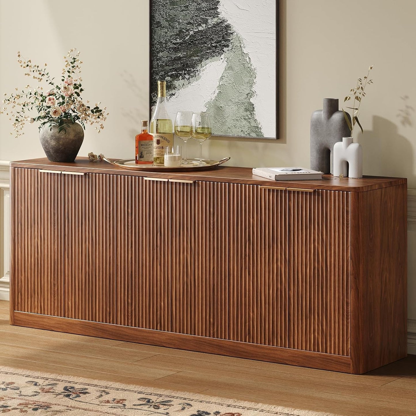 Evermagin 67" Fluted Walnut Buffet Cabinet Sideboard with Storage, Large Credenza with 6 Doors, Wood Mid Century Modern Sideboard for Kitchen and Living Room (67" W*31.5" H*15.7" D)
