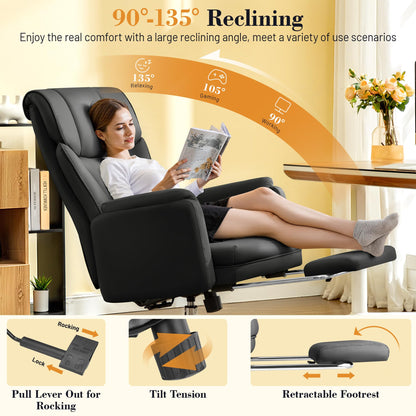 FelixKing Big and Tall Office Chair, 400LBS Wide Leather Executive Chair, Reversible Armrest for Pets Criss Cross Legged, 135° Reclining High Back Gaming Desk Chair with Lumbar Support Footrest, Black