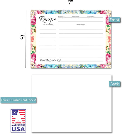Pioneer Woman Style Floral Recipe Cards (50 Pcs) - Perfect for Bridal Shower, Blank Back Notecards