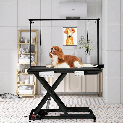 GarveeTech 50" Dog Grooming Table, Electric Hydraulic Grooming Table for Large Dogs or Small Dogs, Aluminium Overhead Arm, Anti Slip Tabletop, 6 USB Ports, Home & Salon Use, Max Capacity 330Lb, Black