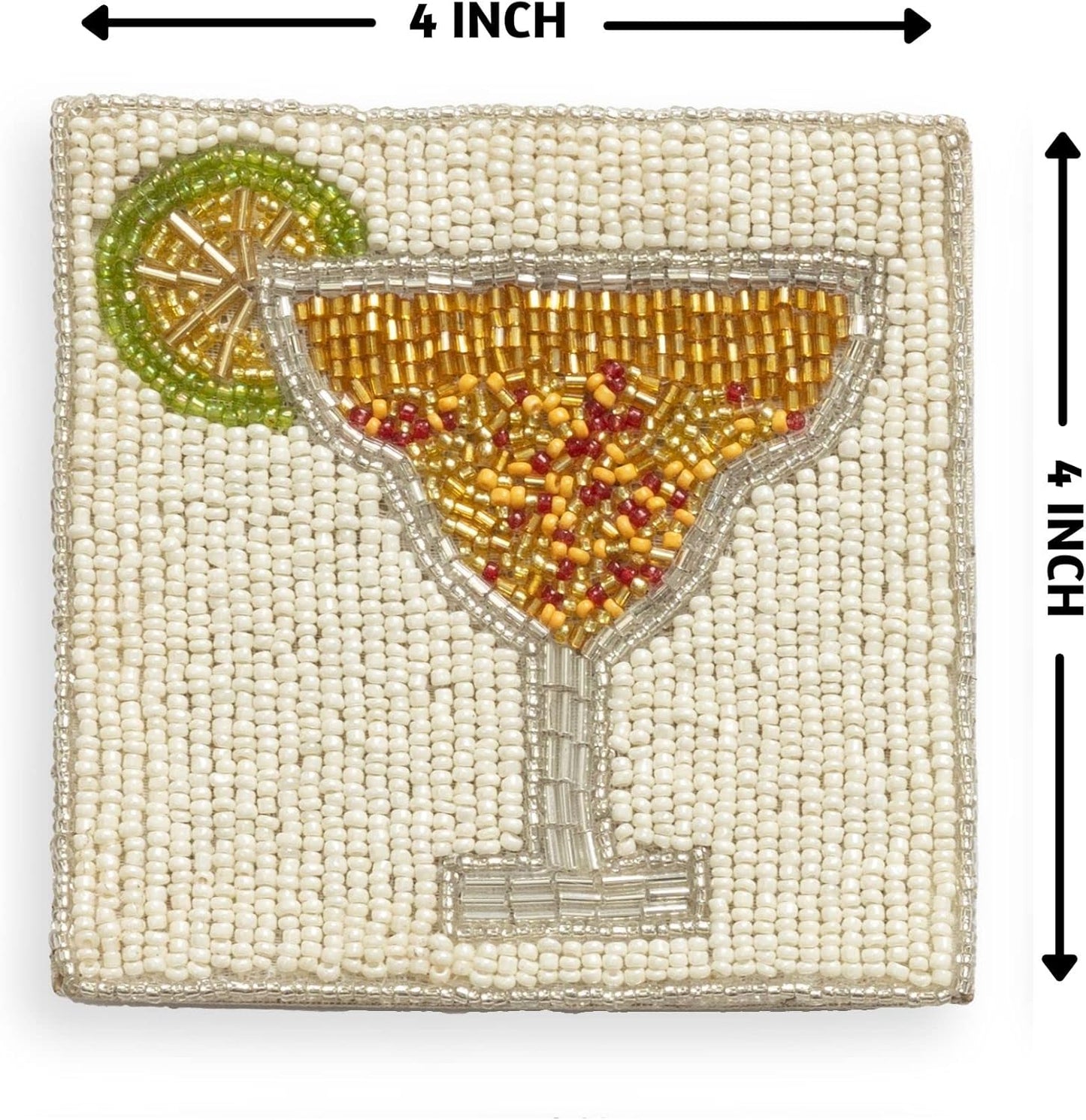 Set 4 (4")| Folkulture Coasters of Beaded Cocktail Handmade Square Drink Coasters for Coffee Table & Bar | Boho Home