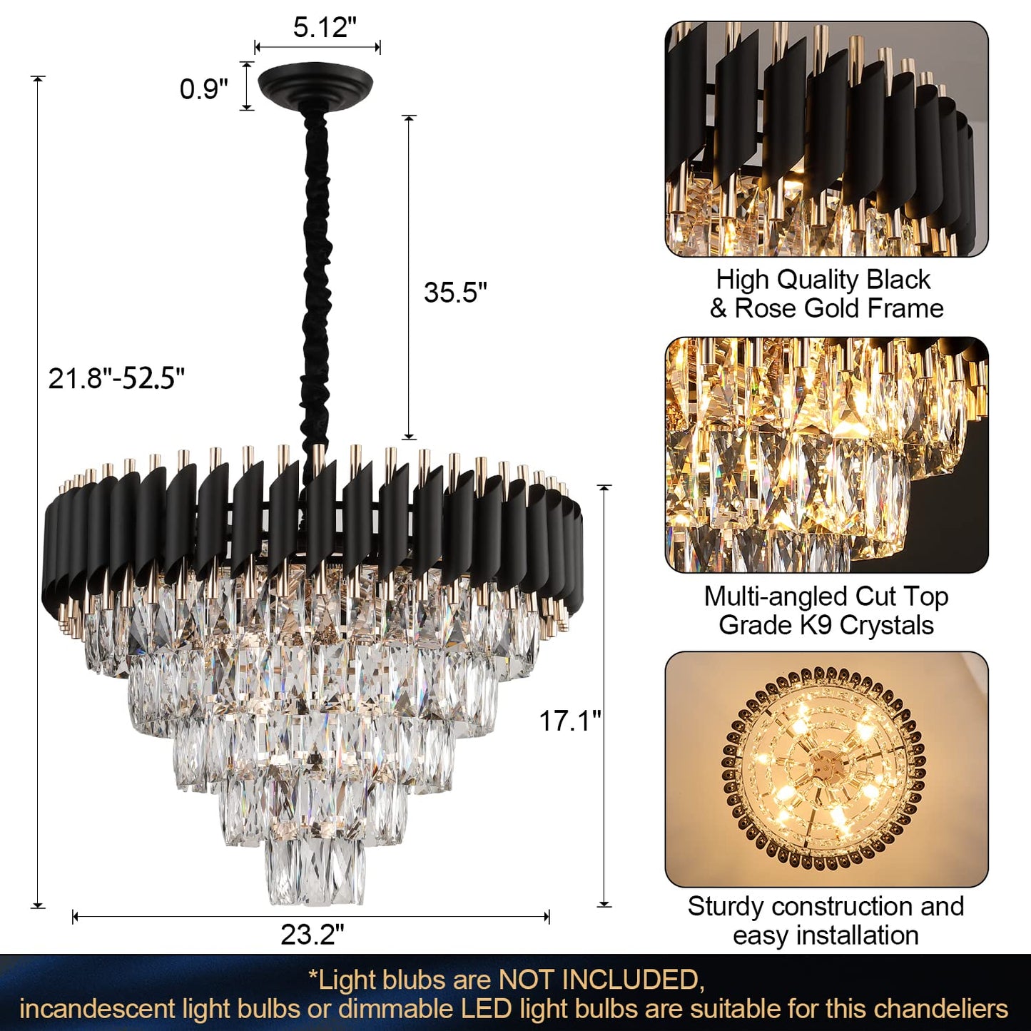 AXILIXI Crystal Chandelier Contemporary, 24" Modern Living Room Chandeliers, K9 Crystal Ceiling Lights Fixtures, Round 5 Tiers Pendant Lighting Chandelier Black for Entryway Dining Room Staircase