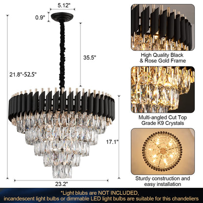 AXILIXI Crystal Chandelier Contemporary, 24" Modern Living Room Chandeliers, K9 Crystal Ceiling Lights Fixtures, Round 5 Tiers Pendant Lighting Chandelier Black for Entryway Dining Room Staircase