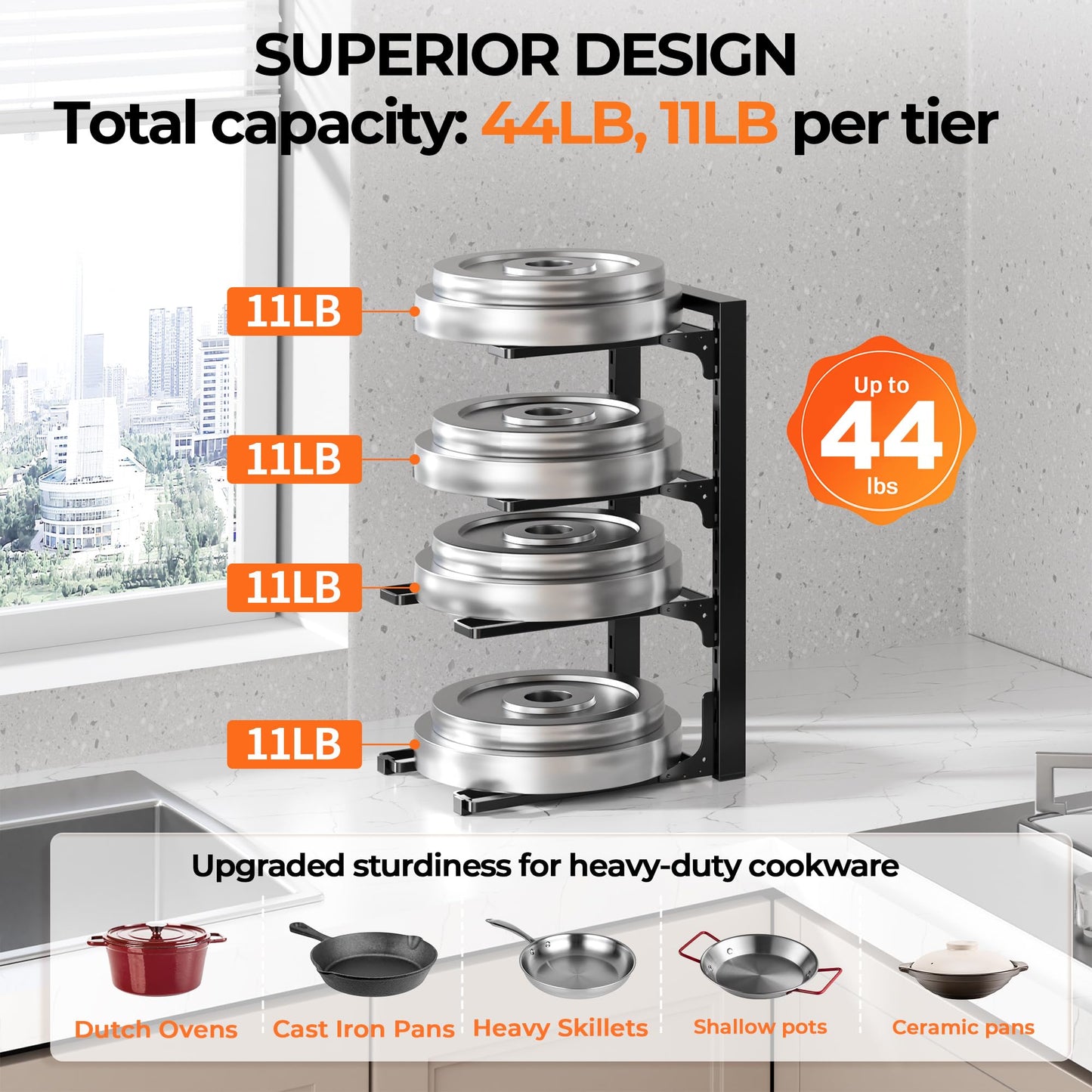 MUDEELA Pots and Pans Organizer under Cabinet 15.75" Tall, 4-Tier Heavy Duty Pan Organizers inside Cabinet Kitchen Storage, Adjustable Pot Rack Holds up to 44 LB Cast Iron Skillets Shallow Cookware