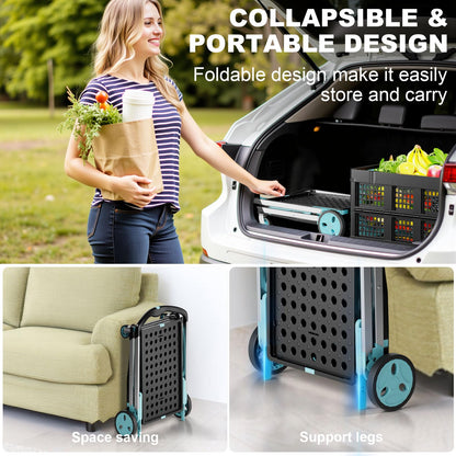 Foldable Shopping Cart, 200 lbs Capacity Grocery Cart on Wheels with Two Collapsible Crate Heavy Duty Collapsible Carts with Foot Brake for Groceries, Office, Warehouse and Supermarket