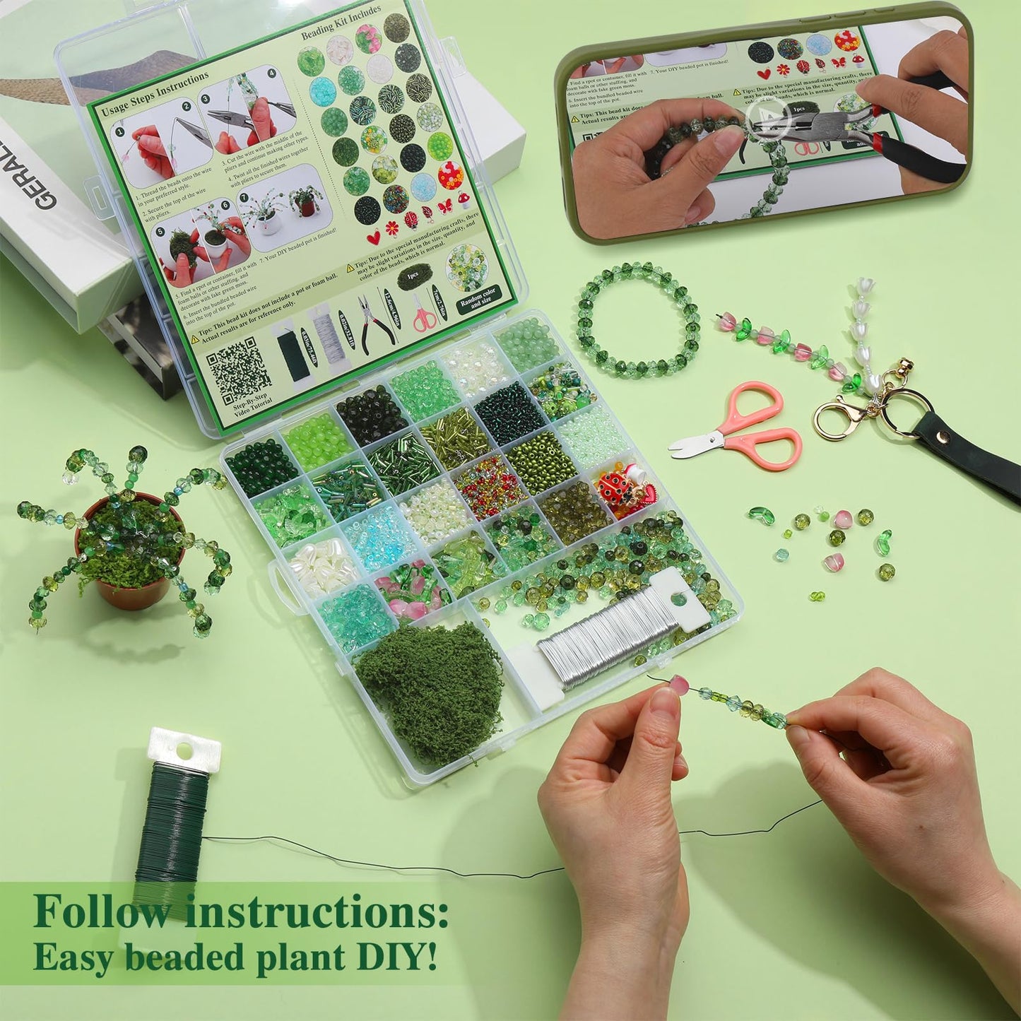 GarfxG Beaded Plant Kit, Green Glass Beads Plants Kit, Forever Plant Beads Green Beads with Step by Step Instructions, Video Tutorials, DIY Making Tools for Home Decor Jewelry Making DIY Craft