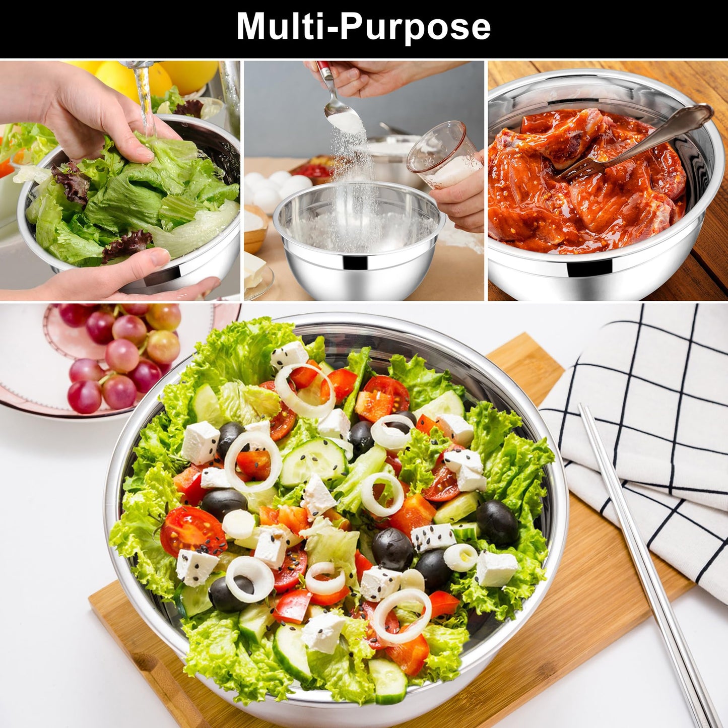 E-far Mixing Bowls with Lids, 6-Piece Stainless Steel Salad Bowls Metal Nesting Bowls for Baking Cooking and Prepping, Airtight Lids & Stackable Design, Size 4.5, 3, 1.5 QT (Black)