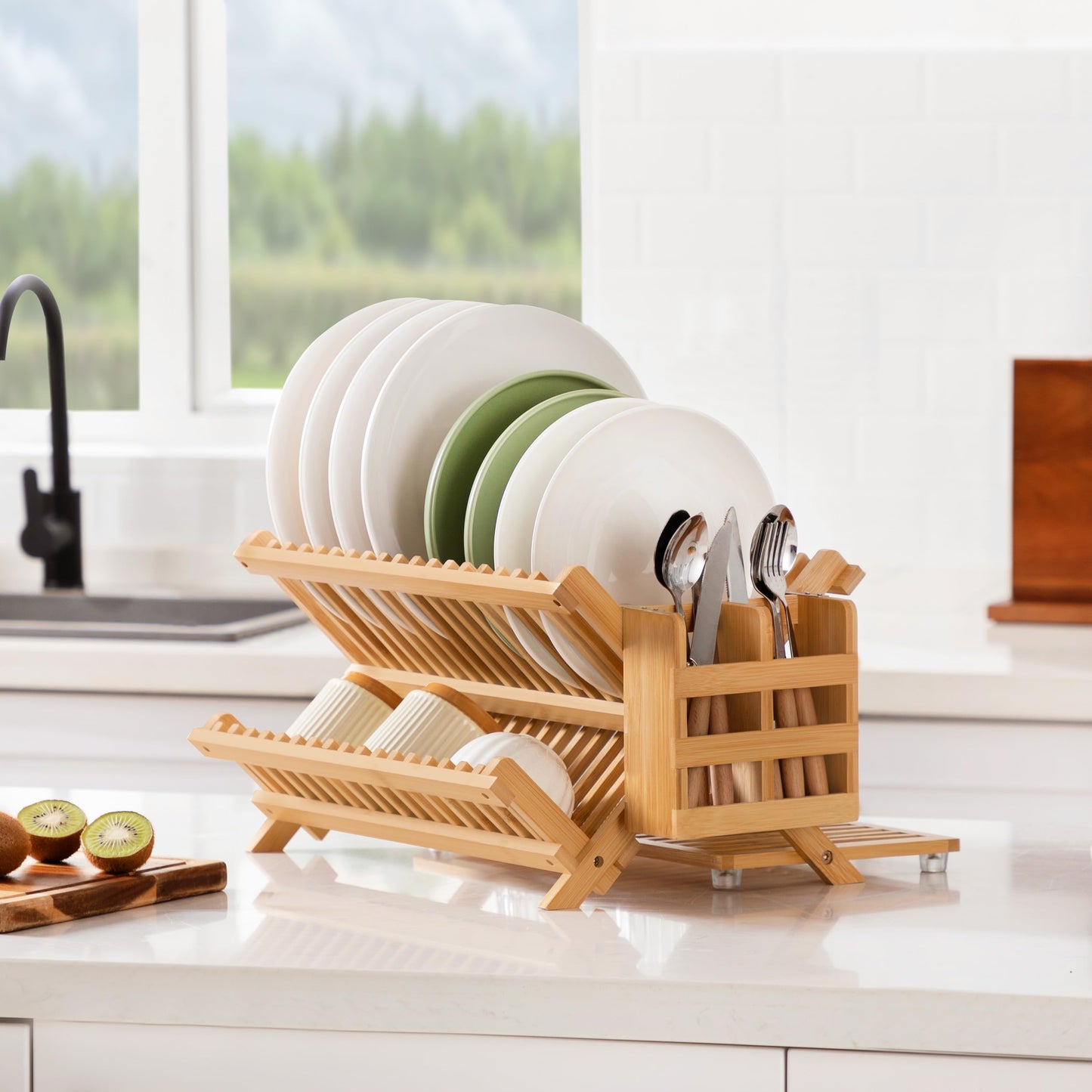 Oyydecor Bamboo Dish Drying Rack with Utensil Holder, 3 Tier Collapsible Dish Rack for Kitchen Counter, Large Folding Drying Holder, Dish Drainer, Kitchen Organizers and Storage