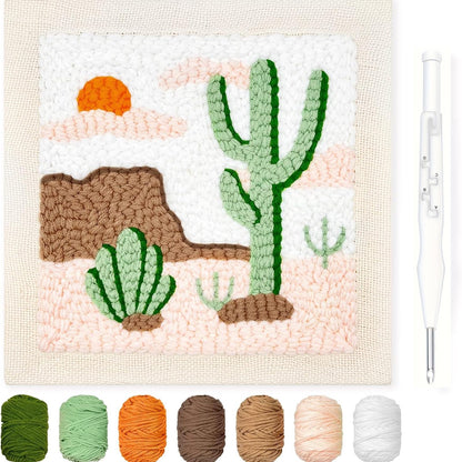 HAND U JOURNEY Cactus Punch Needle Kit, 9.4" x 9.4" Beginner Rug Hooking Kit with Adjustable Punch Needle Pen, DIY Embroidery Craft Gift for Adults