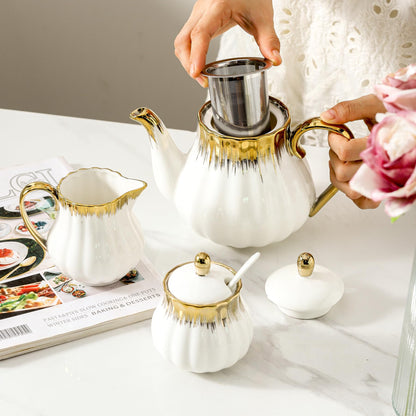 Ceramic Sugar and Creamer Set, White Sugar Bowl & Creamer Set with Gold Trim, 3 Piece with 10oz Cream Pitcher, 11oz Sugar Bowl with Lid and Spoon, Coffee Serving Set for Café, Afternoon Tea
