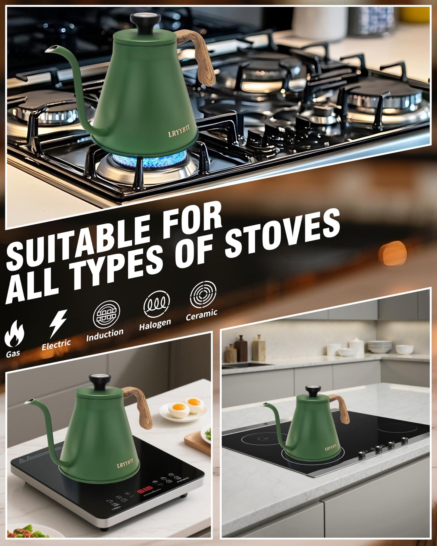 LRYYBTI Gooseneck Kettle Stovetop with Thermometer for Durable 3-Layer Base，Pour Over Kettle Stainless Steel Tea Kettle Compatible with all Stove Tops (Green, 37 fl oz)