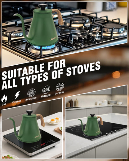 LRYYBTI Gooseneck Kettle Stovetop with Thermometer for Durable 3-Layer Base，Pour Over Kettle Stainless Steel Tea Kettle Compatible with all Stove Tops (Green, 37 fl oz)
