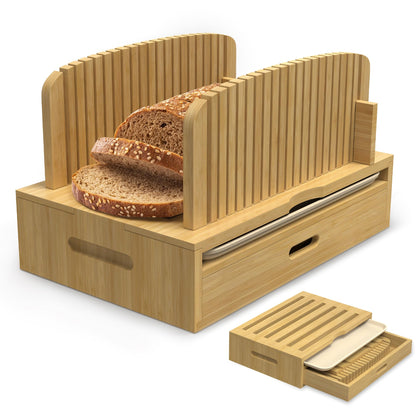 LOHASOK Bamboo Bread Slicer Guide: Bread Cutter for Homemade Bread Loaf - Adjustable and Foldable with Crumb Tray