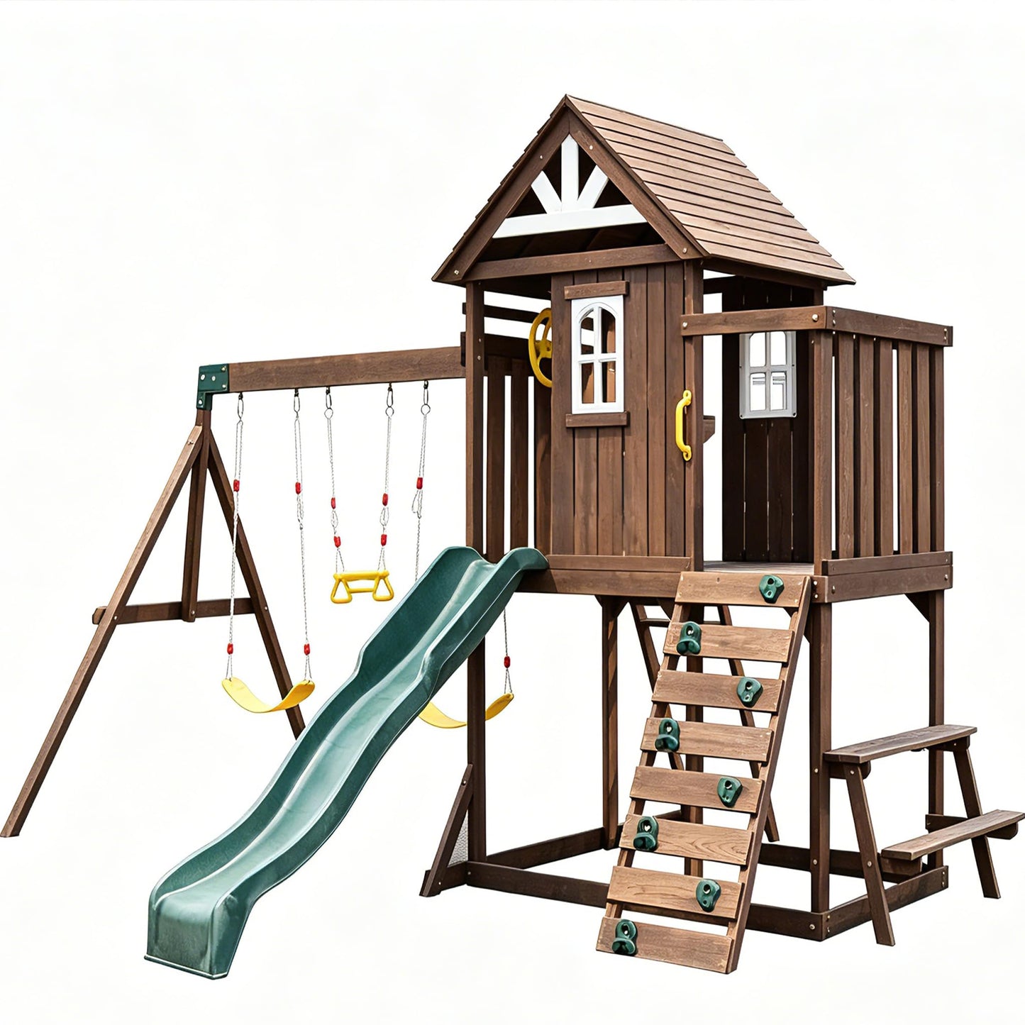 Wooden Swing Set with 2 Swings, Wave Slide, Play Deck, Climbing Wall & Trapeze Rings - Outdoor Backyard Playset for Kids - Heavy Duty Wooden Jungle Gym