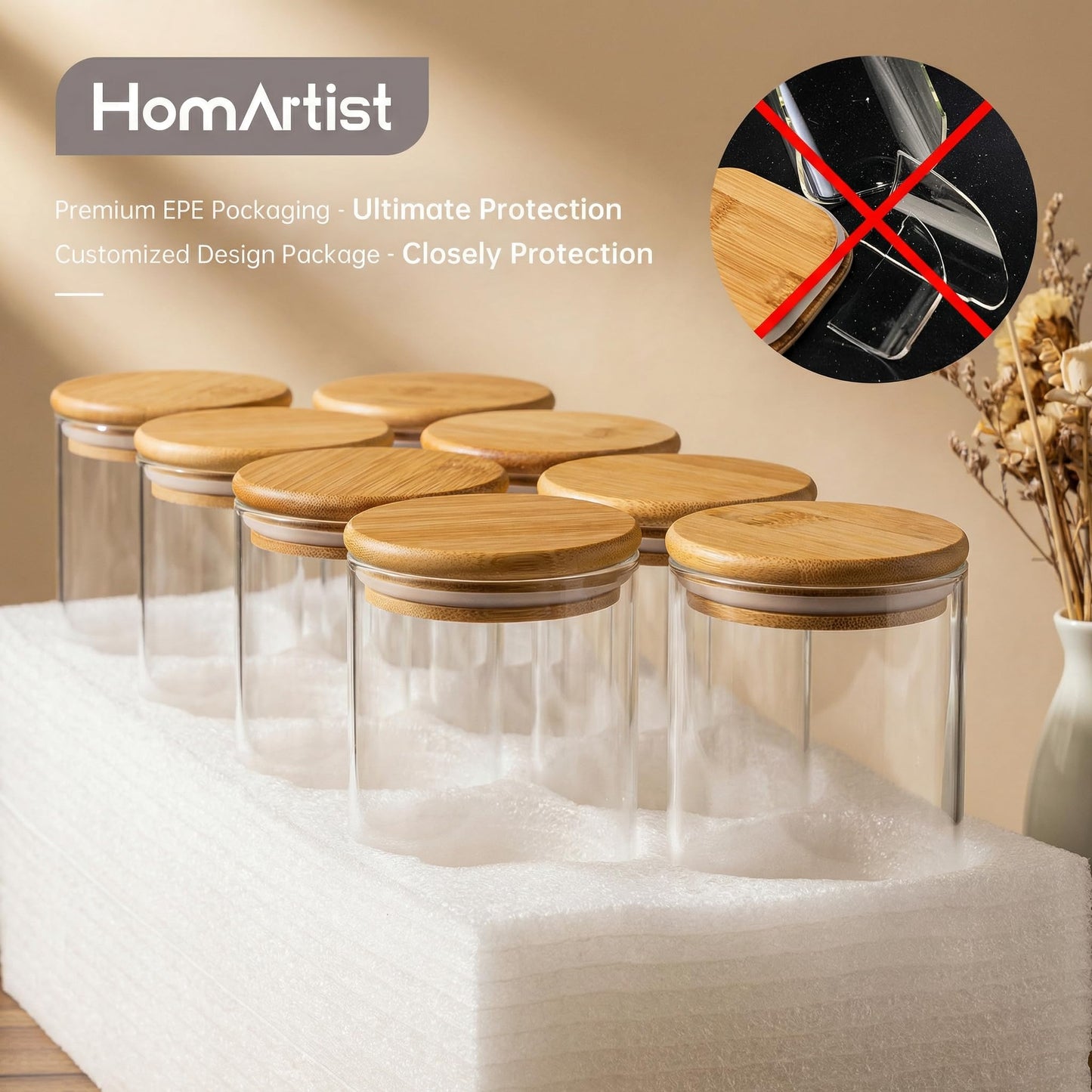 HomArtist Extra Large Glass Flour and Sugar Storage Containers with Airtight Lids,132 floz x2 [Set of 2] Big Glass Jars with Bamboo Lids, Air Tight Food Storage Jars for Cereal, Pasta, Rice, Coffee